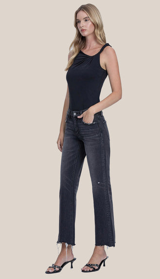 Vervet Mid Rise Distressed Hem Slim Wide Jeans- Black