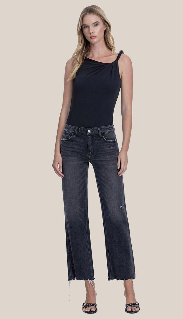 Vervet Mid Rise Distressed Hem Slim Wide Jeans- Black