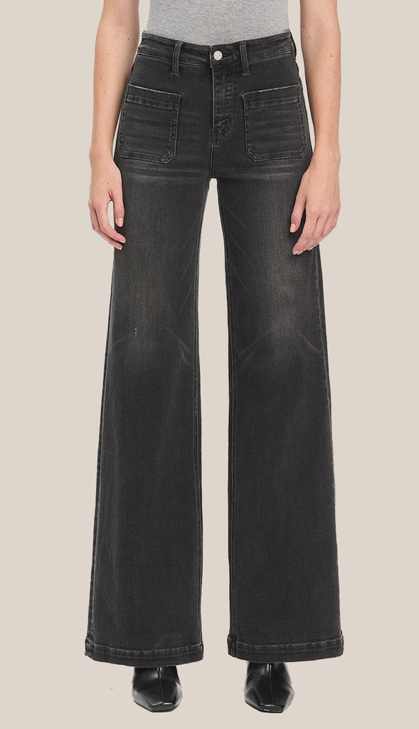 Vervet Engross High Rise Patch Pocket Wide Trouser Jeans- Faded Black