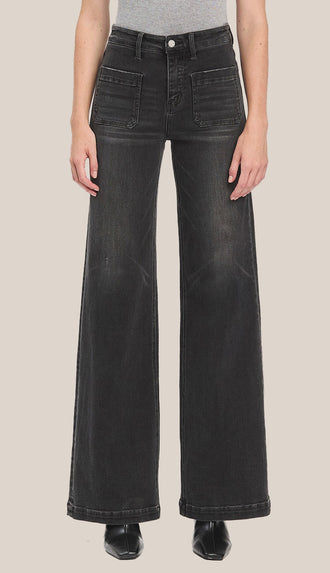 Vervet Engross High Rise Patch Pocket Wide Trouser Jeans- Faded Black