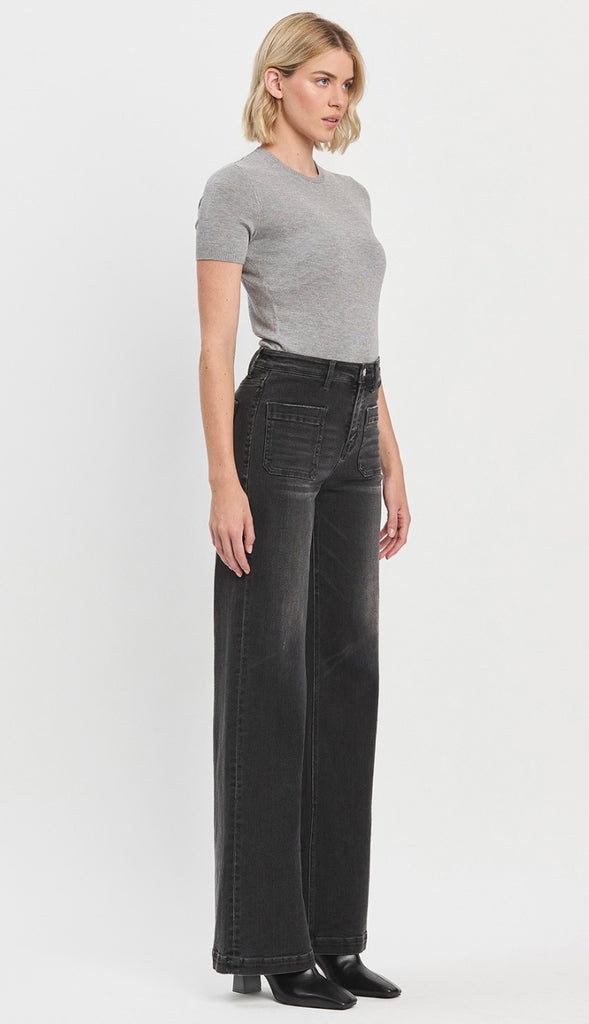 Vervet Engross High Rise Patch Pocket Wide Trouser Jeans- Faded Black