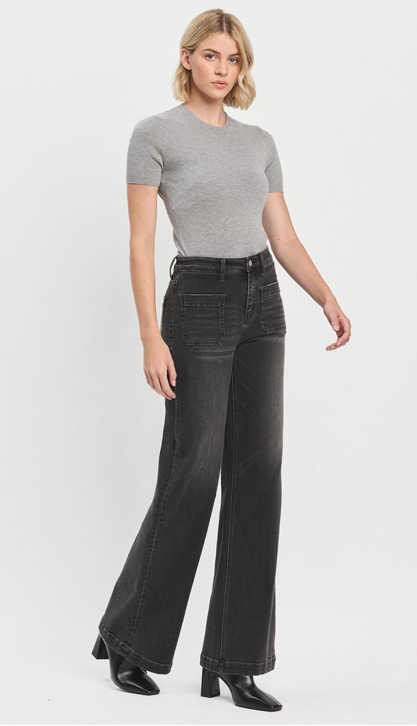 Vervet Engross High Rise Patch Pocket Wide Trouser Jeans- Faded Black