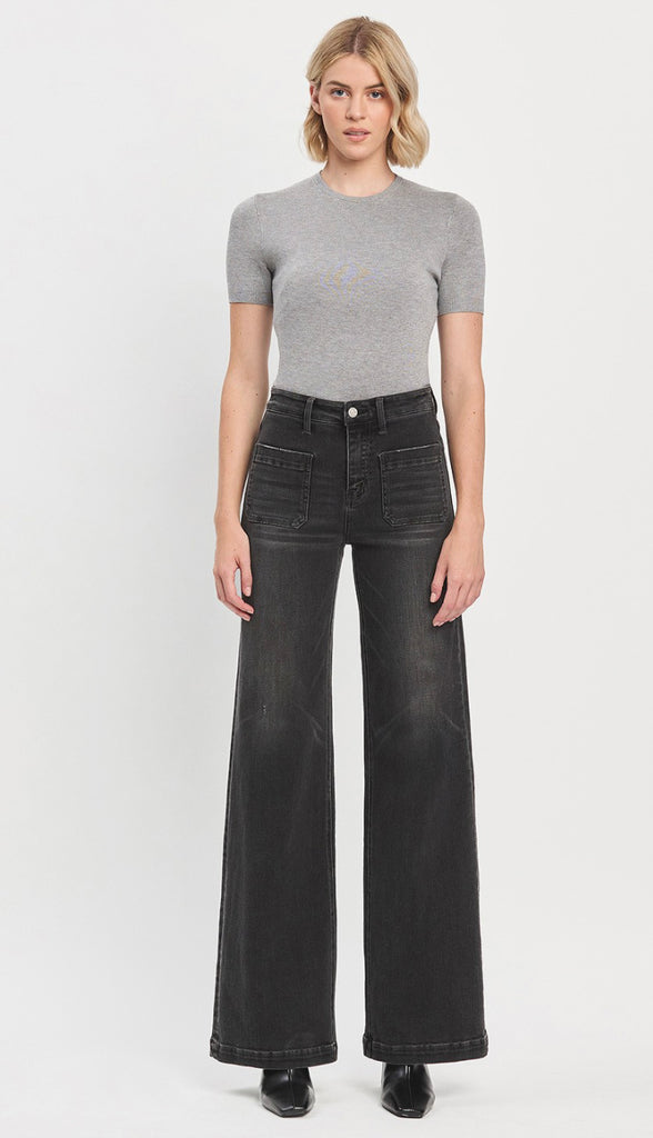 Vervet Engross High Rise Patch Pocket Wide Trouser Jeans- Faded Black