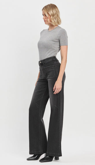 Vervet Engross High Rise Patch Pocket Wide Trouser Jeans- Faded Black