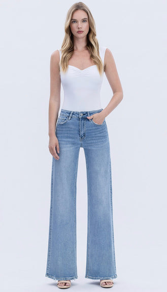 Vervet Hearten High Rise Full Length Wide Jeans- Light Wash