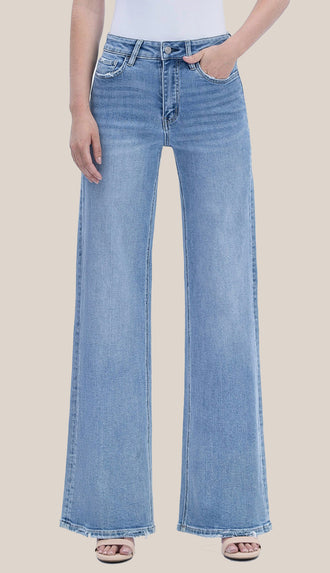 Vervet Hearten High Rise Full Length Wide Jeans- Light Wash