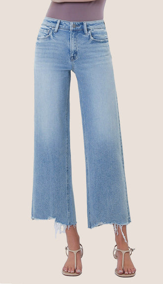 Vervet Imaginative High Rise Distressed Hem Crop Wide Leg Jeans- Light Wash