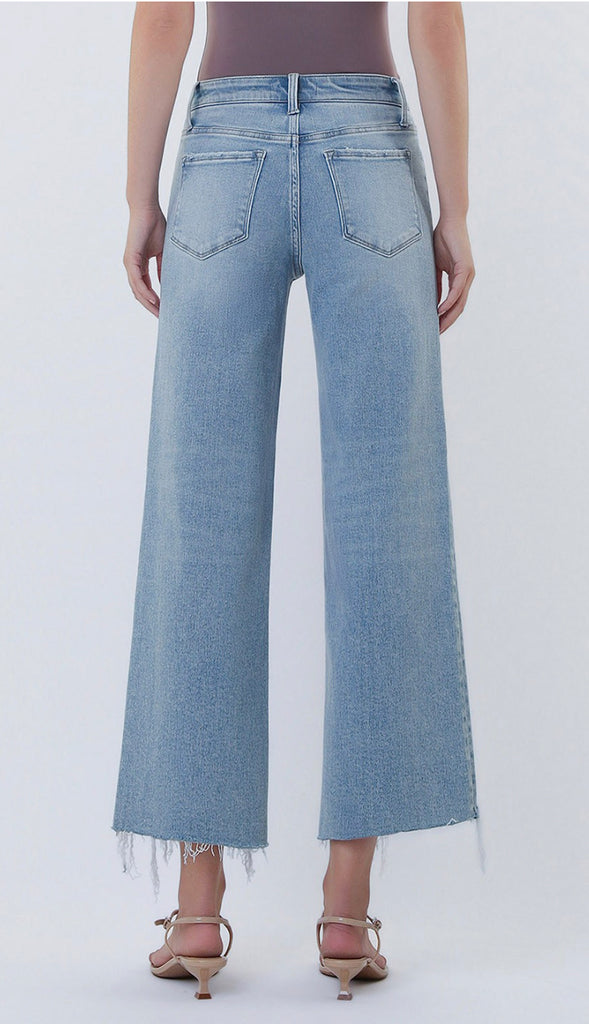 Vervet Imaginative High Rise Distressed Hem Crop Wide Leg Jeans- Light Wash