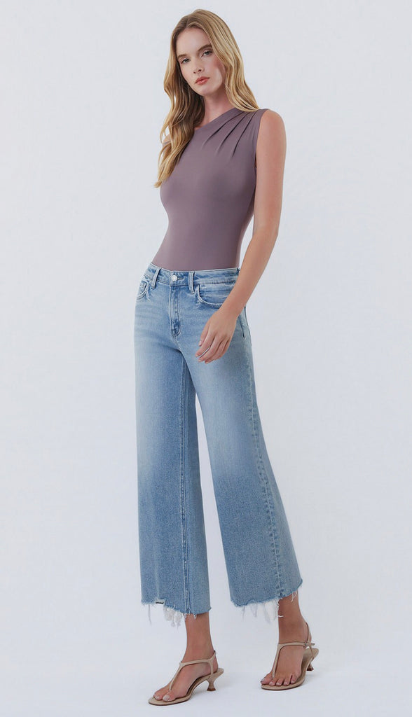 Vervet Imaginative High Rise Distressed Hem Crop Wide Leg Jeans- Light Wash