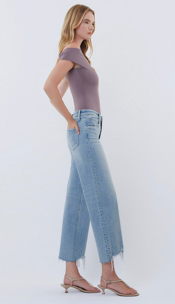 Vervet Imaginative High Rise Distressed Hem Crop Wide Leg Jeans- Light Wash