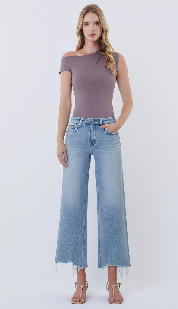 Vervet Imaginative High Rise Distressed Hem Crop Wide Leg Jeans- Light Wash