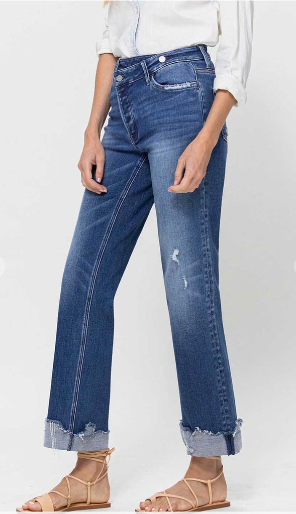 Vervet Jodie Super High Rise Cuffed Ankle 90's Dad Jeans- Dark Wash