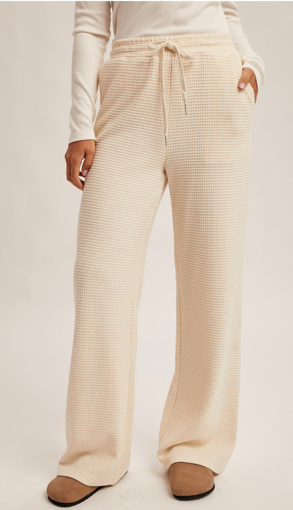 Waffle Knit Elastic Waist Wide Leg Pants- Olive