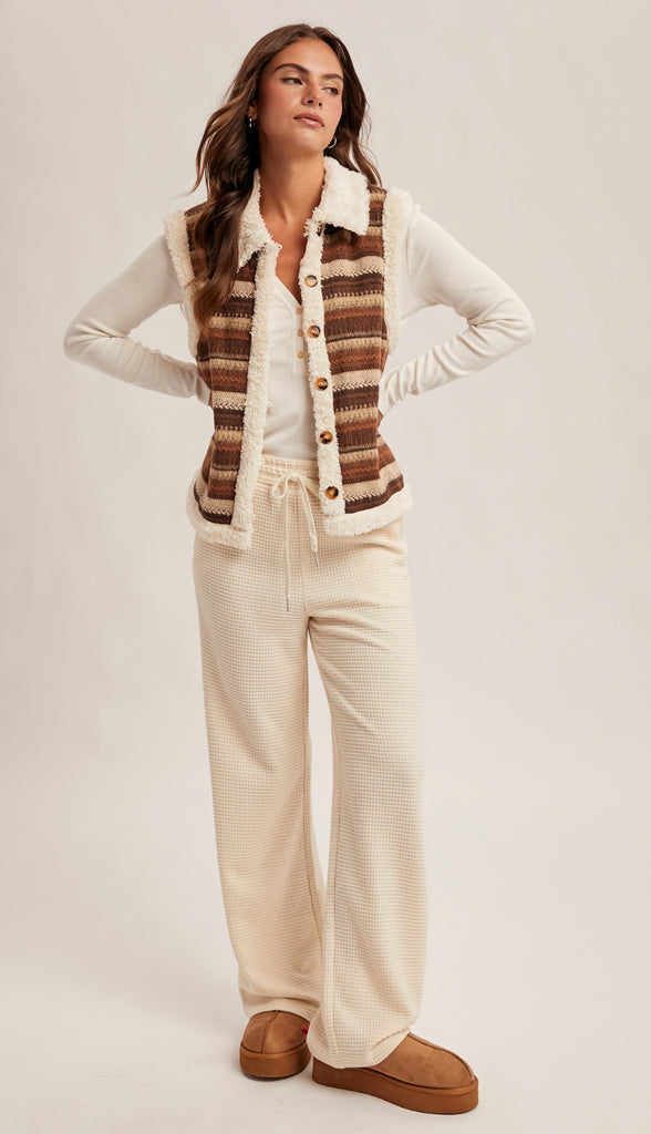 Waffle Knit Elastic Waist Wide Leg Pants- Olive
