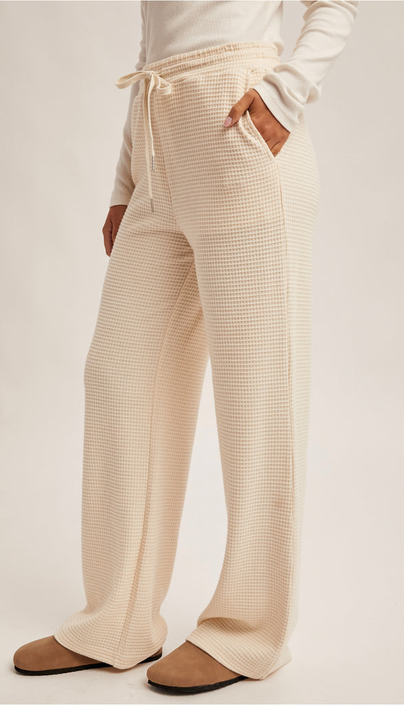 Waffle Knit Elastic Waist Wide Leg Pants- Olive