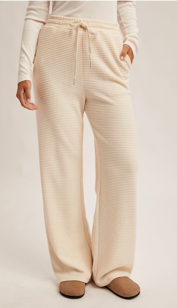Waffle Knit Elastic Waist Wide Leg Pants- Olive