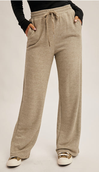 Waffle Knit Elastic Waist Wide Leg Pants- Olive
