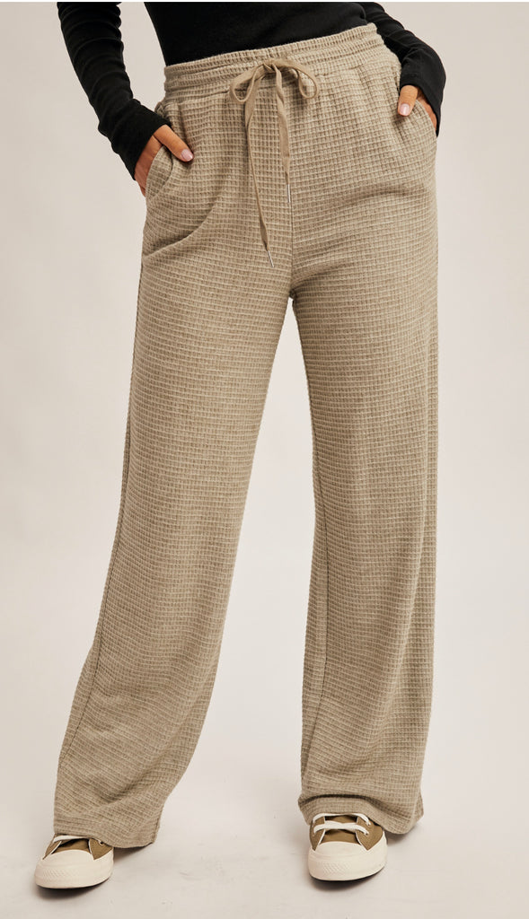 Waffle Knit Elastic Waist Wide Leg Pants- Cream