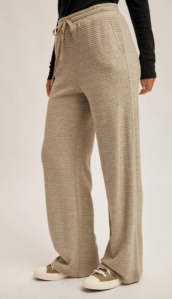 Waffle Knit Elastic Waist Wide Leg Pants- Olive