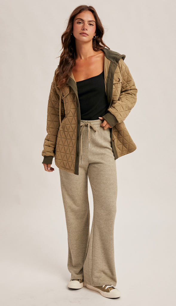 Waffle Knit Elastic Waist Wide Leg Pants- Olive