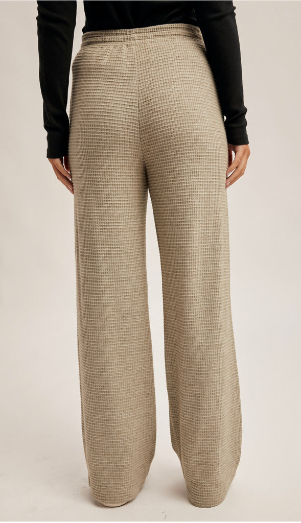 Waffle Knit Elastic Waist Wide Leg Pants- Olive