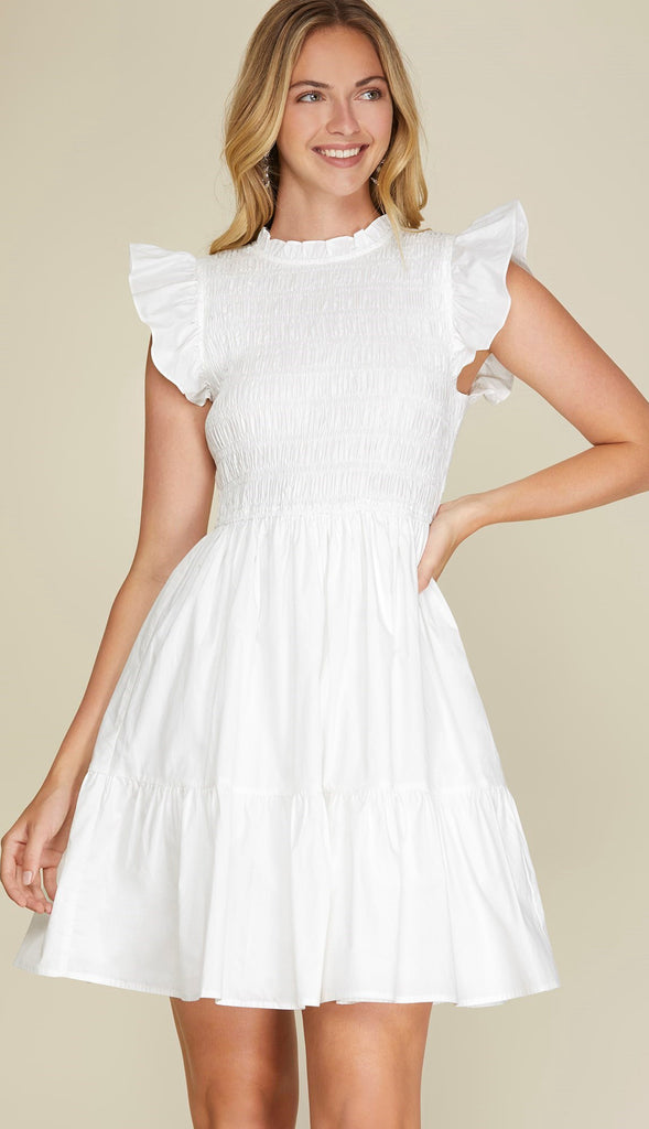 Meant To Be Ruffle Sleeve Smock Dress- Off White