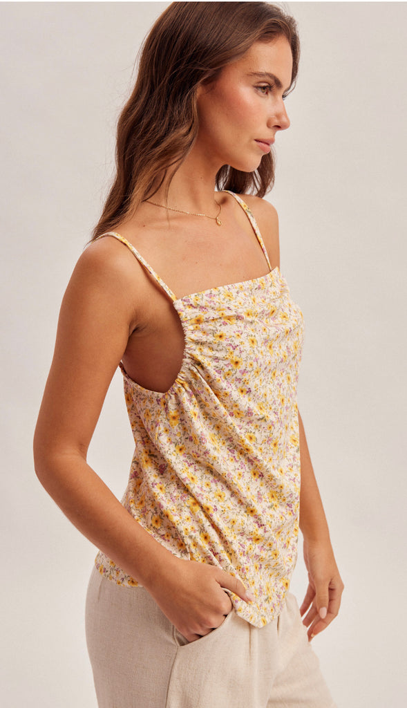 Sunny Days Cowl Neck Ruched Cami Tank- Yellow Multi