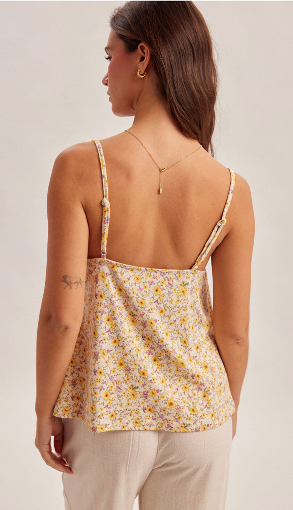 Sunny Days Cowl Neck Ruched Cami Tank- Yellow Multi