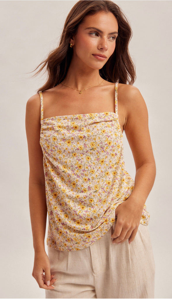 Sunny Days Cowl Neck Ruched Cami Tank- Yellow Multi