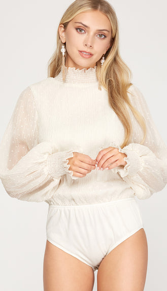 Plisse Smocked Swiss Dot Bodysuit- Cream
